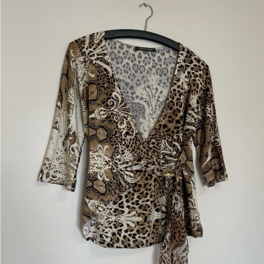 Roberto Cavalli Brown and White Wrap Blouse 3/4 Sleeve